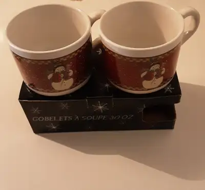 1990s New in Box Pair of 30 oz Soup Mugs Snowman Cocoa Coffee, View more