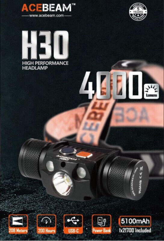 ACEBEAM HEADLIGHT H30 R & G RECHARGEABLE HEADLAMP - CREE XHP70.2 in General Electronics in City of Toronto - Image 2