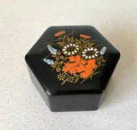 Black Lacquered Hexagon Trinket Box with Red and Gold Flowers