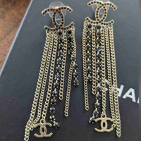 Authentic Chanel CC black crystal & gold drop earrings! 
