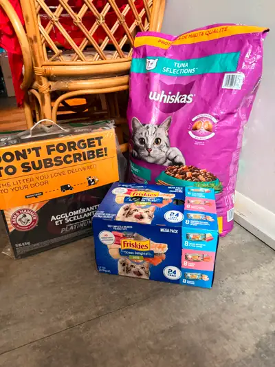Assorted cat food and litter, View more