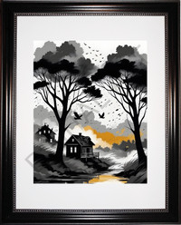 Digital artwork of a ink-painting-style landscape printed on pap