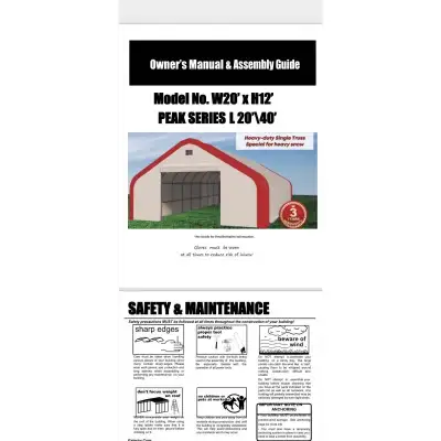 Comes With: 20ft x 40ft x 12ft Cover: Durable 450g PVC snow rating: 200kg/㎡. Peak roof frame Come wi...