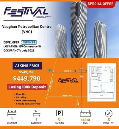 Original Price: $549,790 Asking Price: $449,790 Vaughan Metropolitan Centre Developer: Menkes Locati...