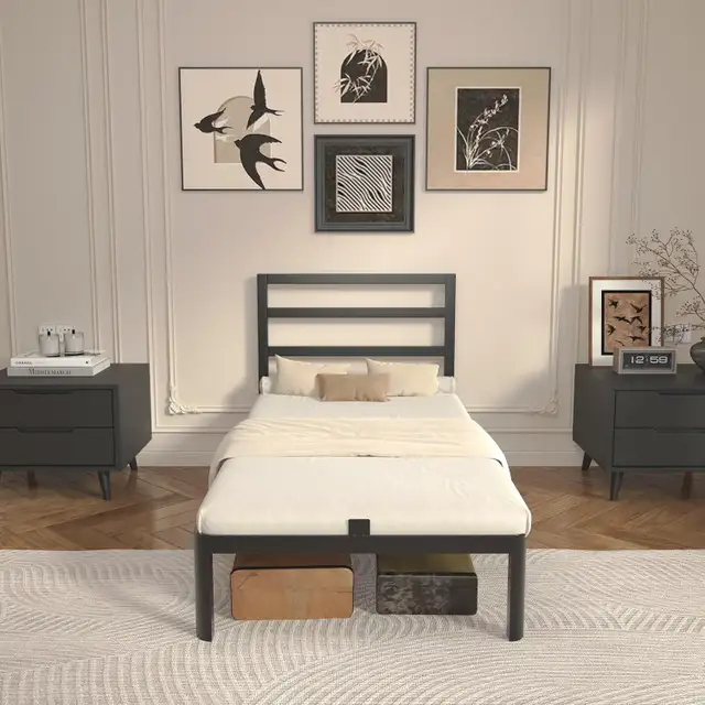 14 Inch Twin Bed Frame with Headboard, Black Metal Twin Size Bed in Beds & Mattresses in Longueuil / South Shore - Image 9