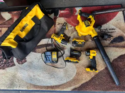 Includes DeWalt 12V cordless drill, blower, work light, and various lithium-ion batteries (2Ah, 4Ah,...