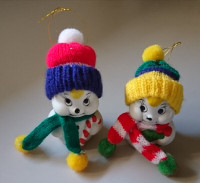 Vintage Snow Bells Porcelain Christmas Ornaments Knit Hat Scarfs