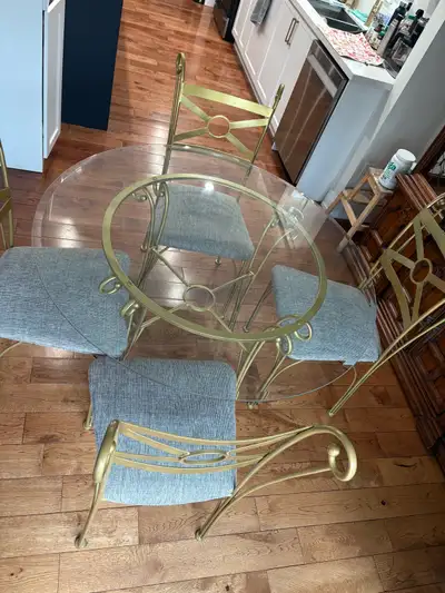 Glass dinning table (45”) and chairs, View more
