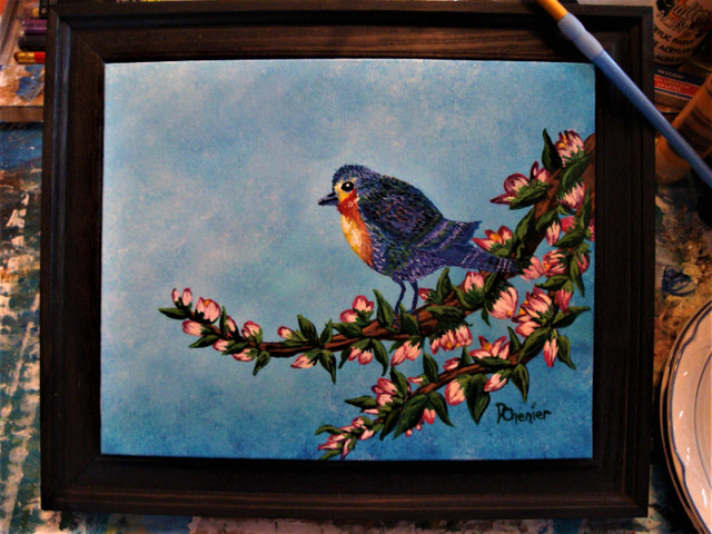Acrylic Painting, Blue Bird on Flowering Branch in Arts & Collectibles in Sudbury - Image 3