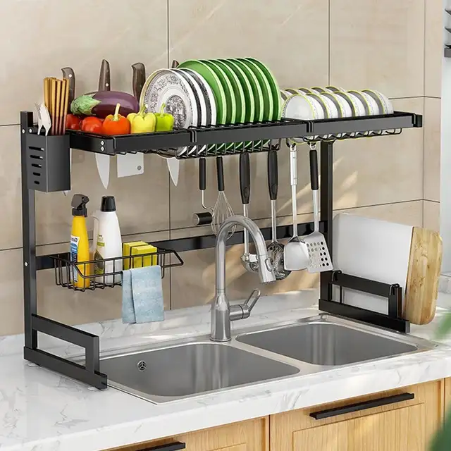 Dish Drying Rack, 2-Tier Steel Dish Racks with Drain Board for K