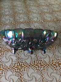 Blue Carnival glass footed bowl.