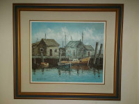 Beautiful vintage 20" by 24" Boat Houses oil on canvas painting