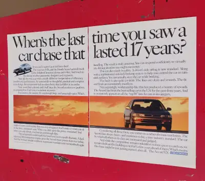 1991 HONDA ACCORD EX RETRO ORIGINAL PRINT CAR AD, View more