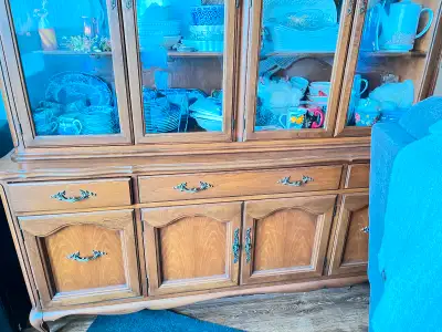 Solid wood Gibbard dining room table, 6 chairs and hutch., View more