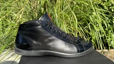Authentic Prada Black Leather High Top Sneakers, View more