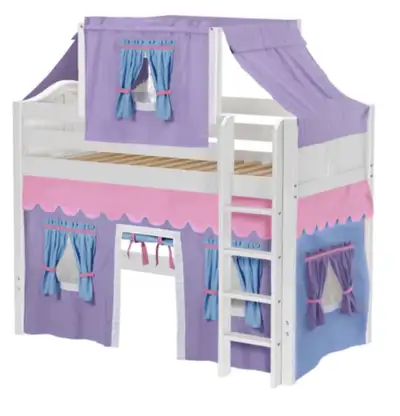 Maxtrix Loft Bed in White w/purple and blue curtains, View more