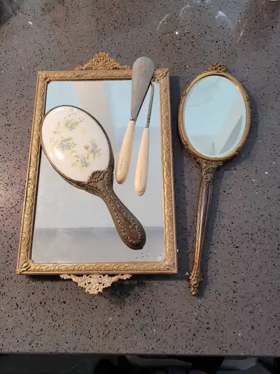 Antique mirror lot , with ivory shoe horn and ivory button hook, View more