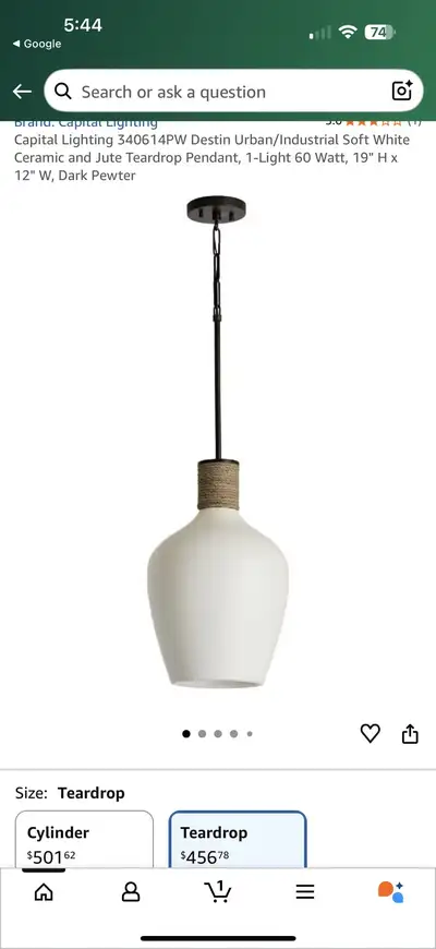 18.5”H- Teardrop Pendant Light- Below 1/2 Price- BRAND NEW, View more