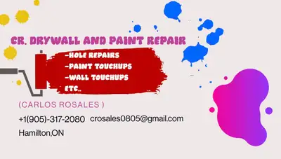 Services include -drywall repairs Such as holes in walls -dents -damaged drywall Repainting included...