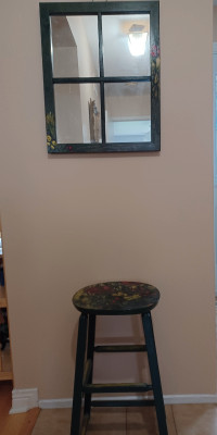 Lovely handpainted wooden stool and 4 window pane mirror