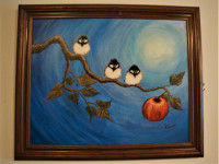 Acrylic painting, Chickadees on Apple Branch