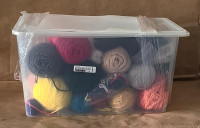 VARIOUS COLOURS OF WOOL, NEEDLES AND PLASTIC FOR NEEDLE POINT