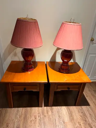 2 real wood table  (with drawer)  & 2 lights for sale, View more