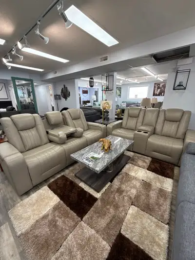 3-Piece Power Recliner Set In Leathaire Upholstery - Warm Grey, View more
