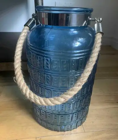 Large blue glass jug with rope 14 inchheight, View more