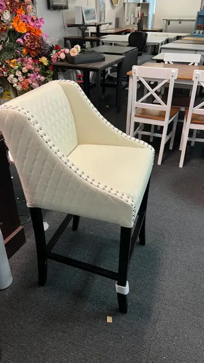 28" Ivory Leather and Wood Bar Stool, View more
