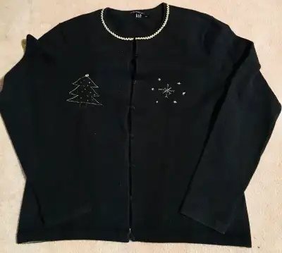 This is for a Vintage Ugly Christmas Grandma’s navy button cardigan sweater. It is a ladies size lar...