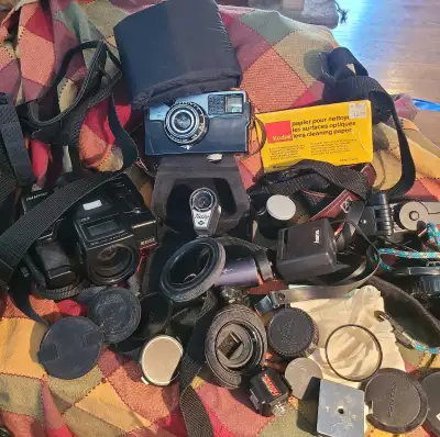 Film Camera lot, includes camera, lens covers bag, View more