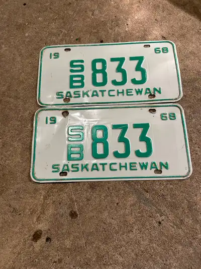 Nice matching pair of 1968 school bus Saskatchewan license plates. $75 phone or text 306-960-2052