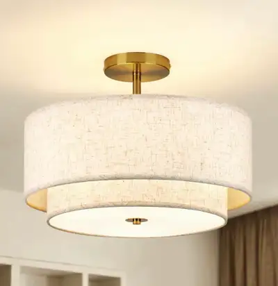 16" Double Drum Gold 3-Light Semi Flush Mount Ceiling Light, View more