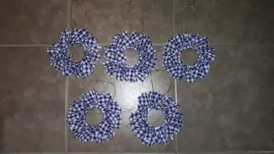 5 blue & white checkered HANDMADE primitive ornaments ($5 ALL), View more