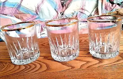 3PCS K.S.A. DRINKING GLASSES GOLD RIMMED ON TOP, View more
