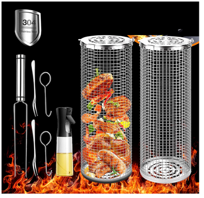 Rolling Grilling Baskets for Outdoor Grill Round Vegetable Stainless Steel BBQ Net Tube Wire Mesh Ca...