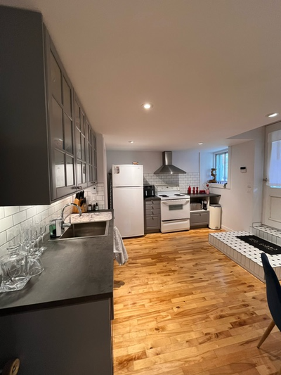Demi-sous-sol de triplex, plancher de bois franc entierement rénové. Style loft, très éclairé, entré...