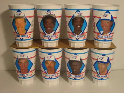 8) 1988 Toronto Blue Jays Variety Club Heinz Tomato Ketchup Plastic Collectable Cups 5 1/2" tall : E...