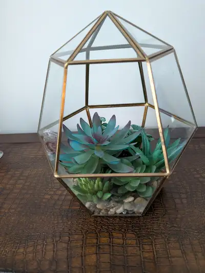 GOLD GEOMETRIC GLASS TERRARIUM  PLANTER W ARTIFICIAL SUCCULENT, View more