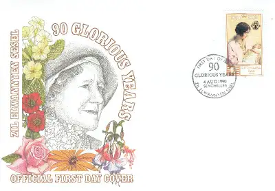 Un DSC / PLI premier jour de SEYCHELLES "90th ANIVERSARY OF THE QUEEN MORHER", de l'année 1990.