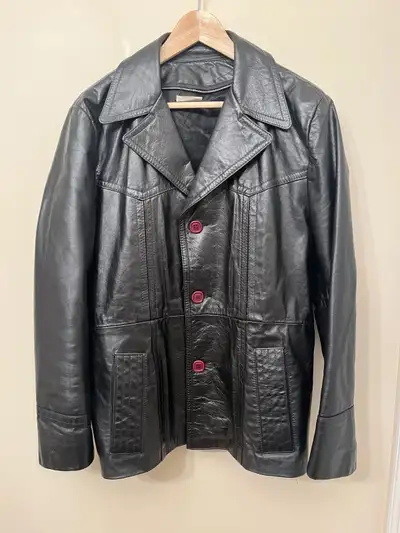 Vintage 1970s Men's Black Leather Jacket Medium Made in Canada, View more