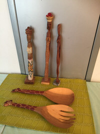 African 9"-13" Wood Hand Carved Tribal Statues Giraffe Spoons
