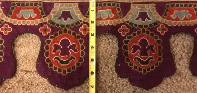 Offering a vintage handcrafted cross stitch fireplace mantel scarf or skirt with a linen backing. It...