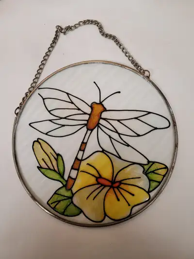 Round Glass Dragon Fly Sun Catcher Hand-painted on glass Features a dragon fly and yellow flower des...