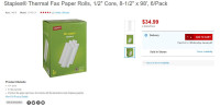 Staples Thermal Fax Paper Rolls, 1/2" Core