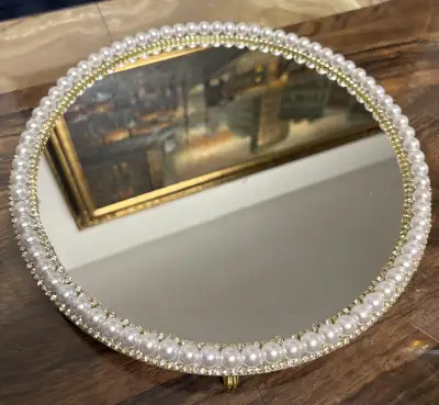 Round Mirror Tray with Faux Pearls & gold rhinestone Border, View more