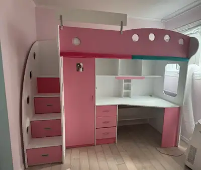 Pink & White JYSK “Nika” Loft Bed with Desk and Storage for sale, View more