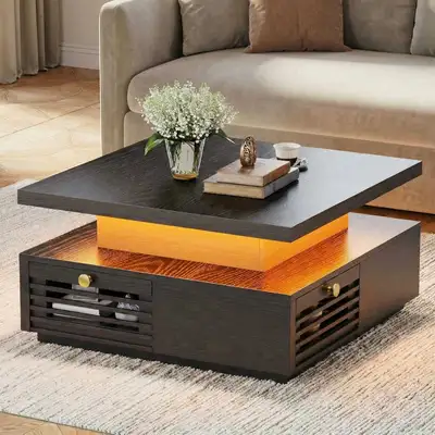 Coffee Table with LED Light and Charging Station, View more