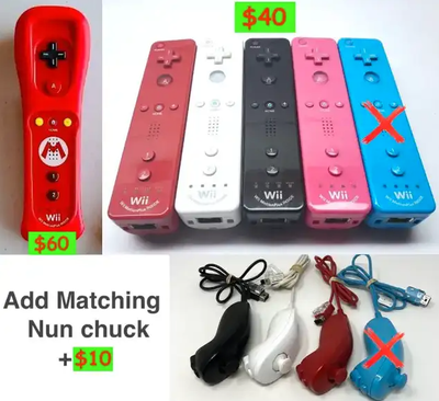 $40 Each ( Black White Red Pink ) ⎮ $60 Mario themed Wii Mote Remote Controller with Motion Plus + b...